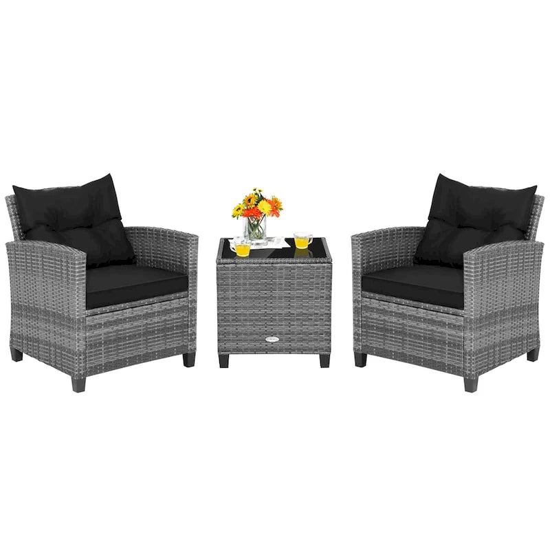 Gymax Set of 3 Rattan Furniture Bistro Set Cushioned Sofas Side Table