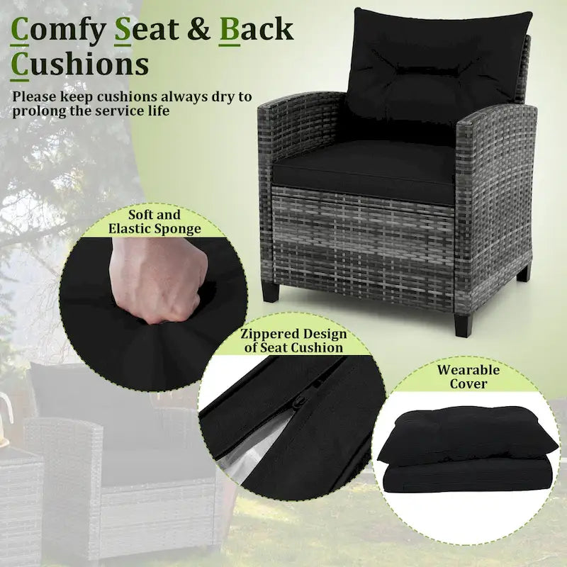 Gymax Set of 3 Rattan Furniture Bistro Set Cushioned Sofas Side Table