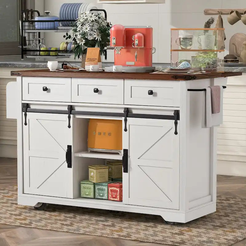 Farmhouse Kitchen Island with Sliding Barn Doors and Drop Leaf – White