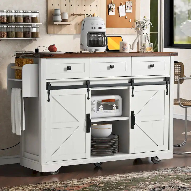 Farmhouse Kitchen Island with Sliding Barn Doors and Drop Leaf – White