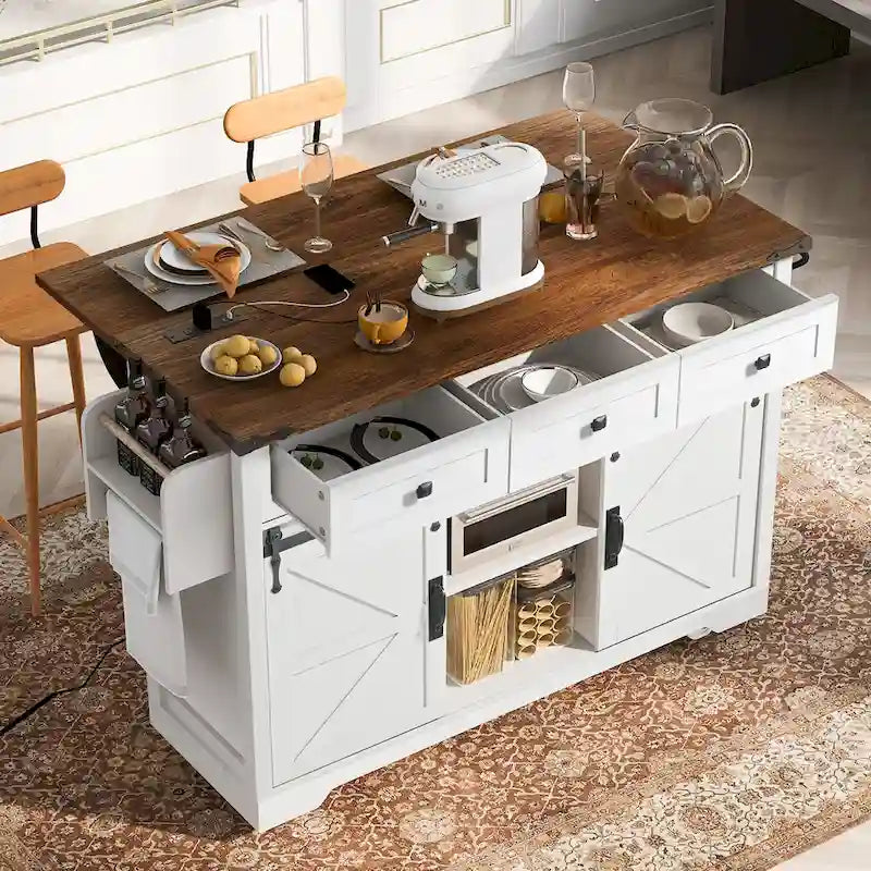 Farmhouse Kitchen Island with Sliding Barn Doors and Drop Leaf – White
