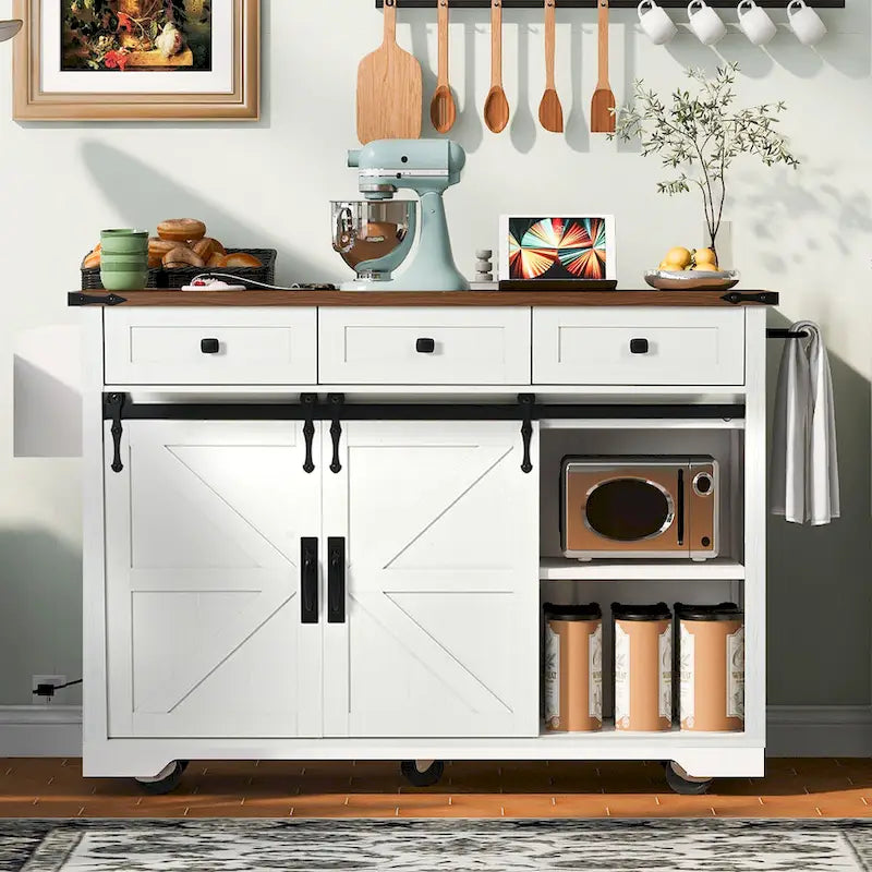Farmhouse Kitchen Island with Sliding Barn Doors and Drop Leaf – White
