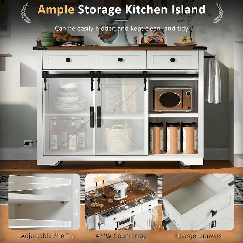 Farmhouse Kitchen Island with Sliding Barn Doors and Drop Leaf – White