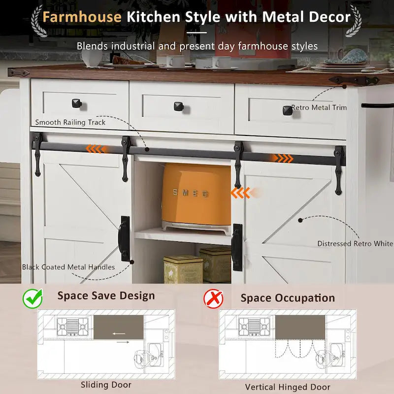 Farmhouse Kitchen Island with Sliding Barn Doors and Drop Leaf – White