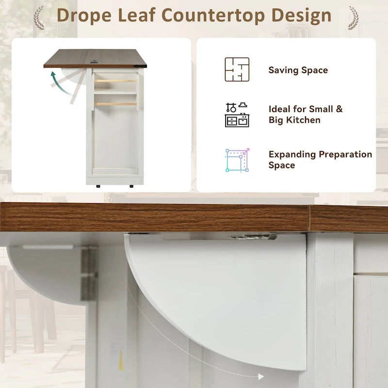 Farmhouse Kitchen Island with Sliding Barn Doors and Drop Leaf – White
