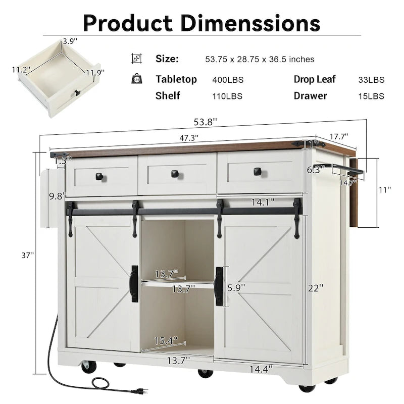 Farmhouse Kitchen Island with Sliding Barn Doors and Drop Leaf – White