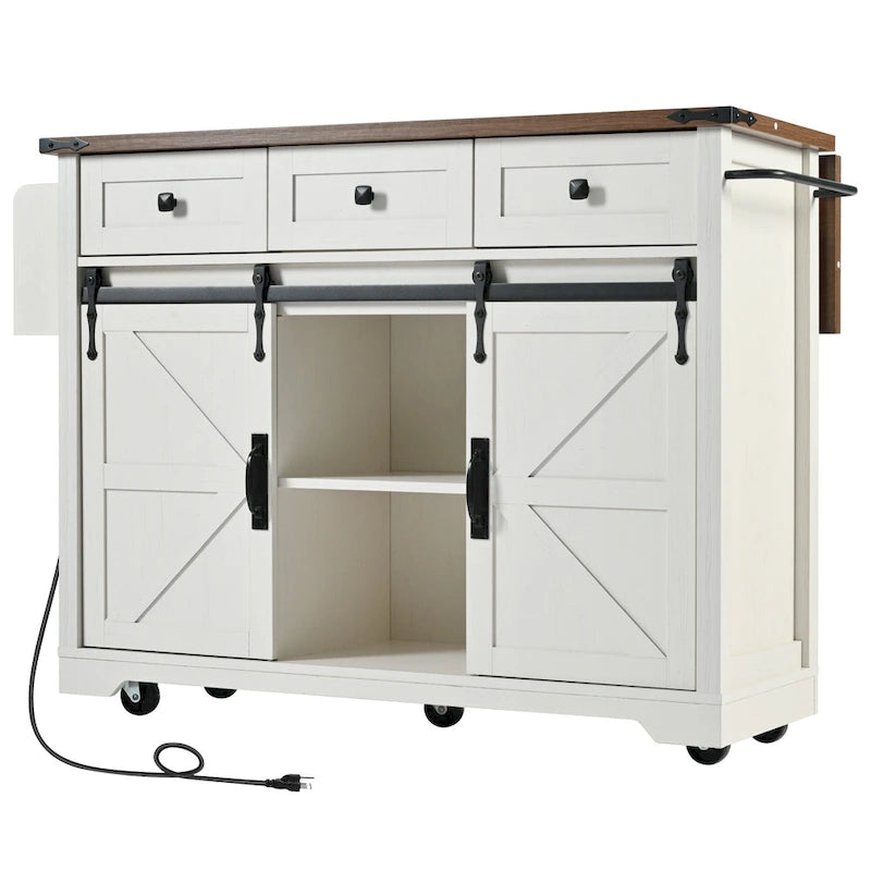 Farmhouse Kitchen Island with Sliding Barn Doors and Drop Leaf – White