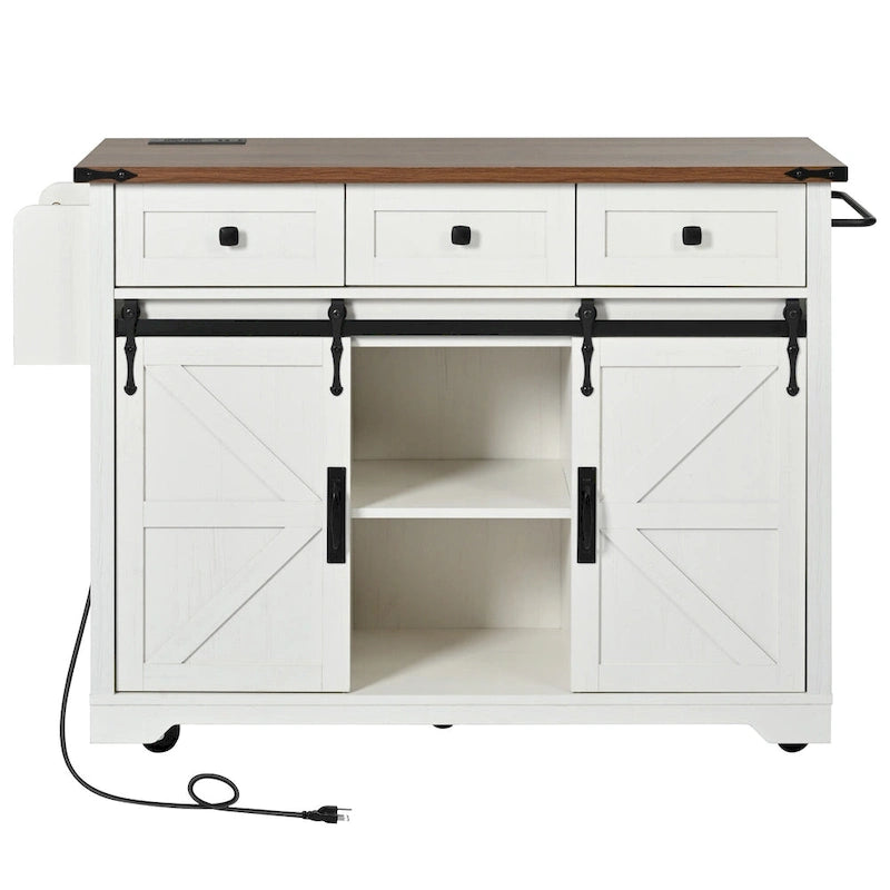 Farmhouse Kitchen Island with Sliding Barn Doors and Drop Leaf – White