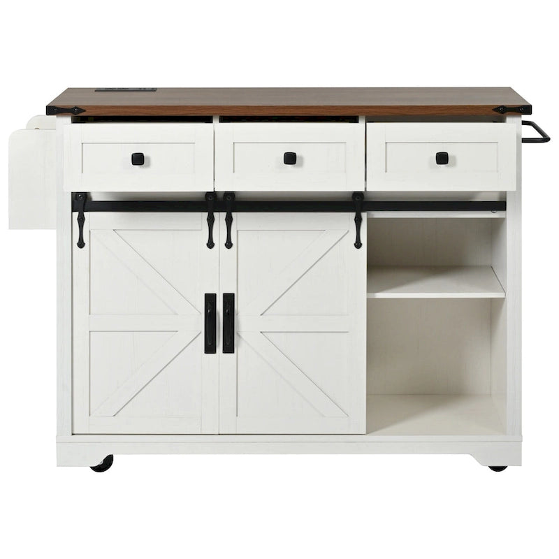 Farmhouse Kitchen Island with Sliding Barn Doors and Drop Leaf – White