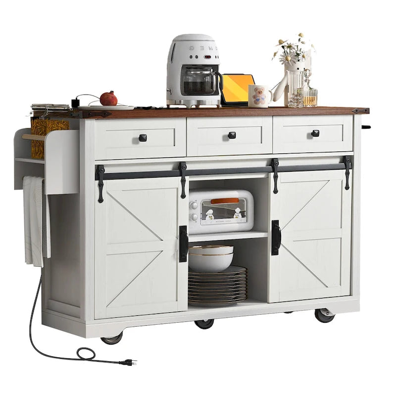 Farmhouse Kitchen Island with Sliding Barn Doors and Drop Leaf – White