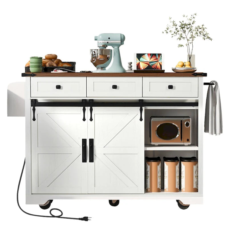 Farmhouse Kitchen Island with Sliding Barn Doors and Drop Leaf – White