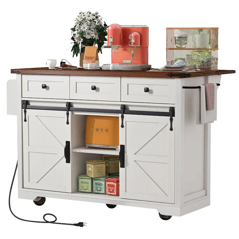 Farmhouse Kitchen Island with Sliding Barn Doors and Drop Leaf – White