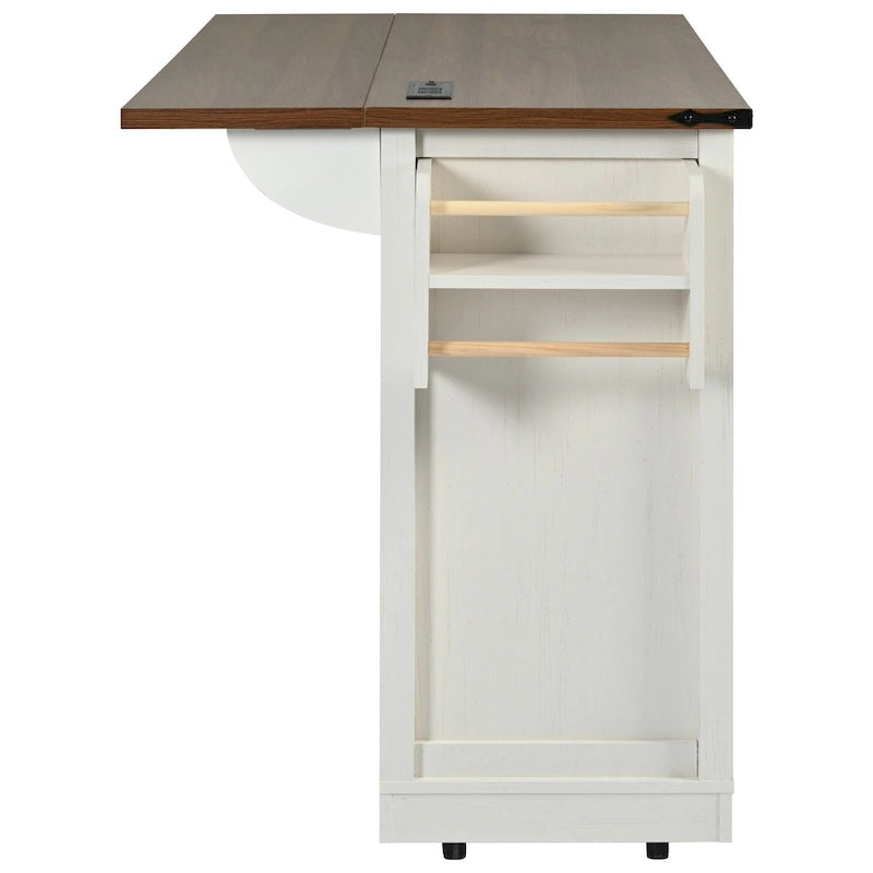 Farmhouse Kitchen Island with Sliding Barn Doors and Drop Leaf – White