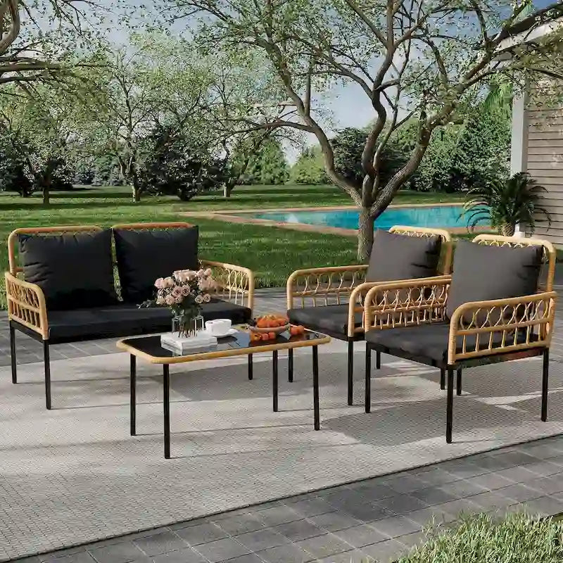 4-Piece Patio Rattan Wicker Furniture Set with Glass Coffee Table for Balcony