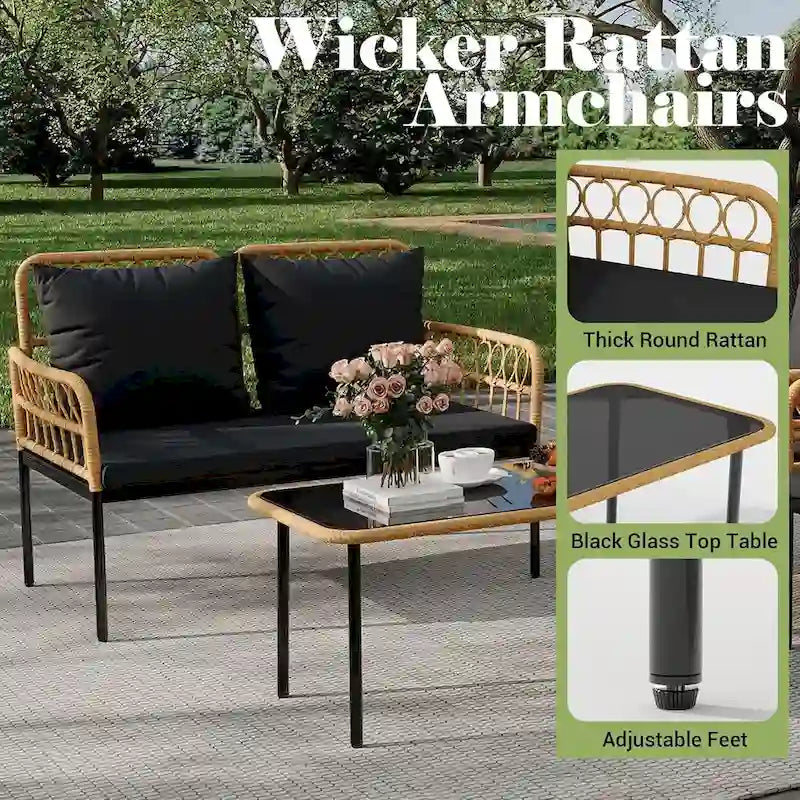 4-Piece Patio Rattan Wicker Furniture Set with Glass Coffee Table for Balcony