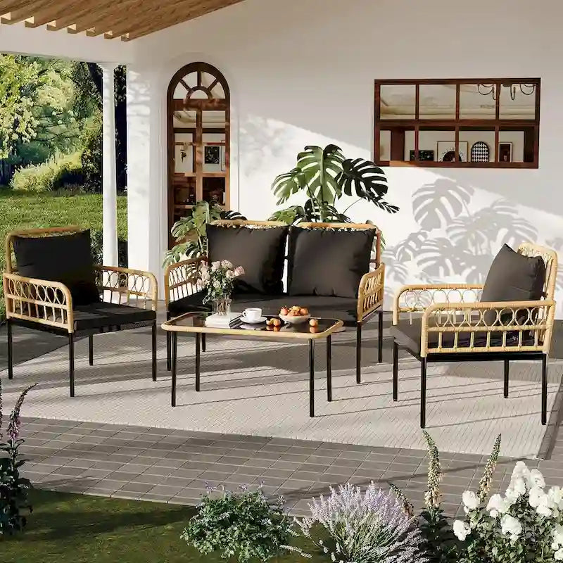 4-Piece Patio Rattan Wicker Furniture Set with Glass Coffee Table for Balcony