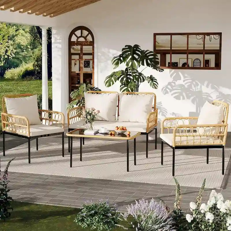 4-Piece Patio Rattan Wicker Furniture Set with Glass Coffee Table for Balcony