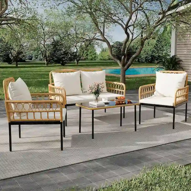 4-Piece Patio Rattan Wicker Furniture Set with Glass Coffee Table for Balcony