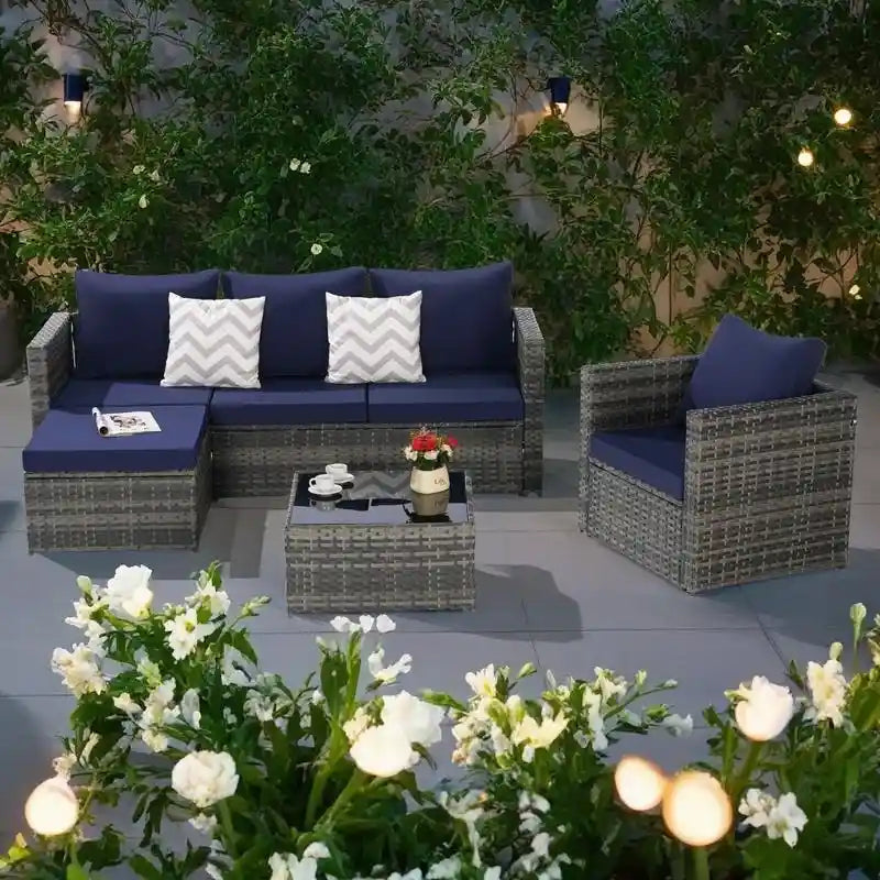 4-Pieces Outdoor Patio L-Shaped Sectional Sofa Set with Single Sofa & Glass Coffee Table