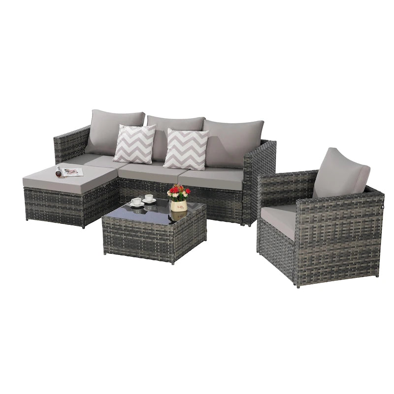 4-Pieces Outdoor Patio L-Shaped Sectional Sofa Set with Single Sofa & Glass Coffee Table