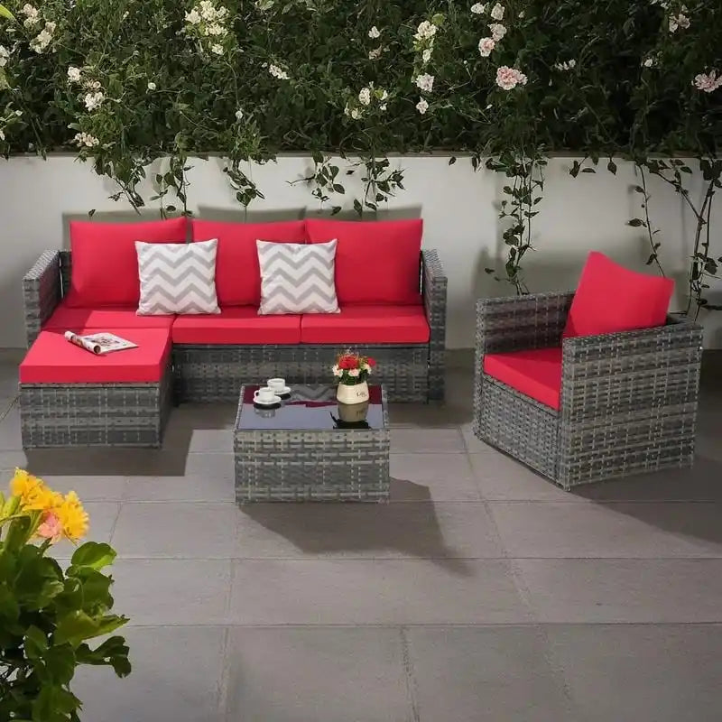 4-Pieces Outdoor Patio L-Shaped Sectional Sofa Set with Single Sofa & Glass Coffee Table