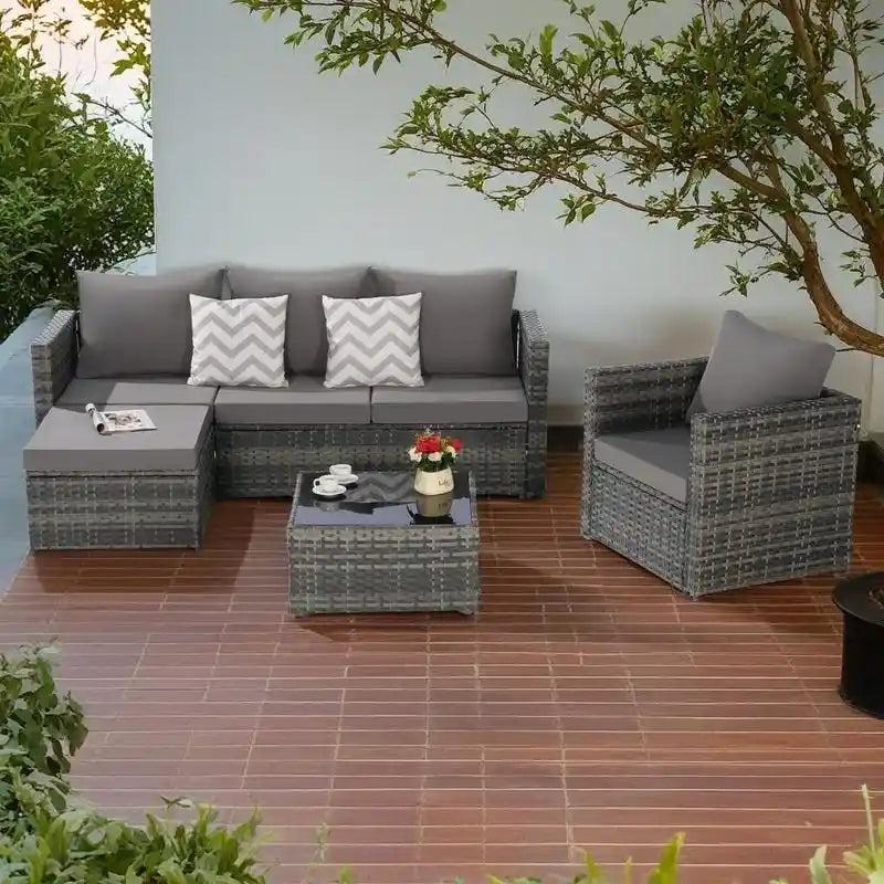 4-Pieces Outdoor Patio L-Shaped Sectional Sofa Set with Single Sofa & Glass Coffee Table