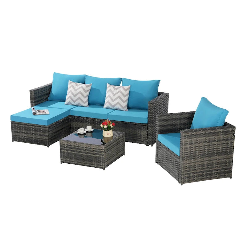 4-Pieces Outdoor Patio L-Shaped Sectional Sofa Set with Single Sofa & Glass Coffee Table