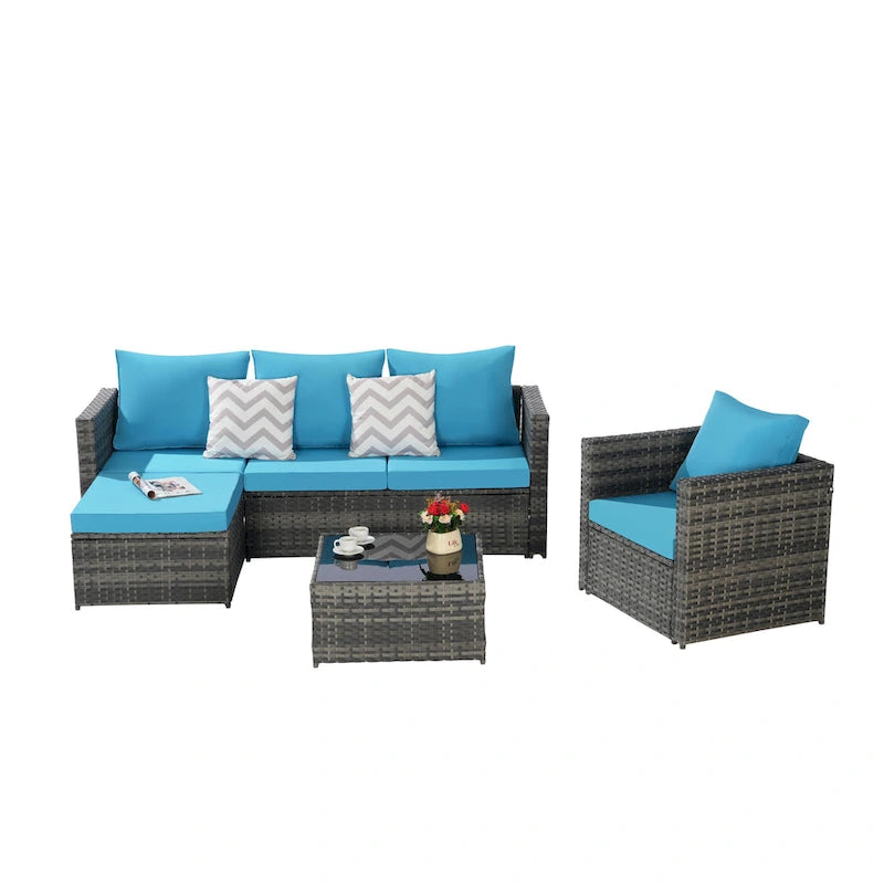 4-Pieces Outdoor Patio L-Shaped Sectional Sofa Set with Single Sofa & Glass Coffee Table