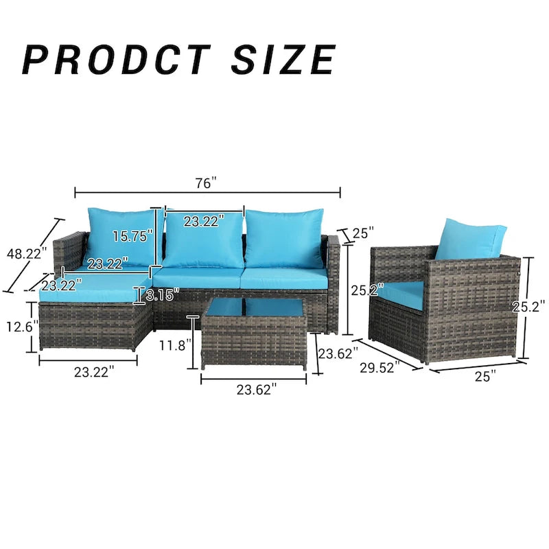 4-Pieces Outdoor Patio L-Shaped Sectional Sofa Set with Single Sofa & Glass Coffee Table