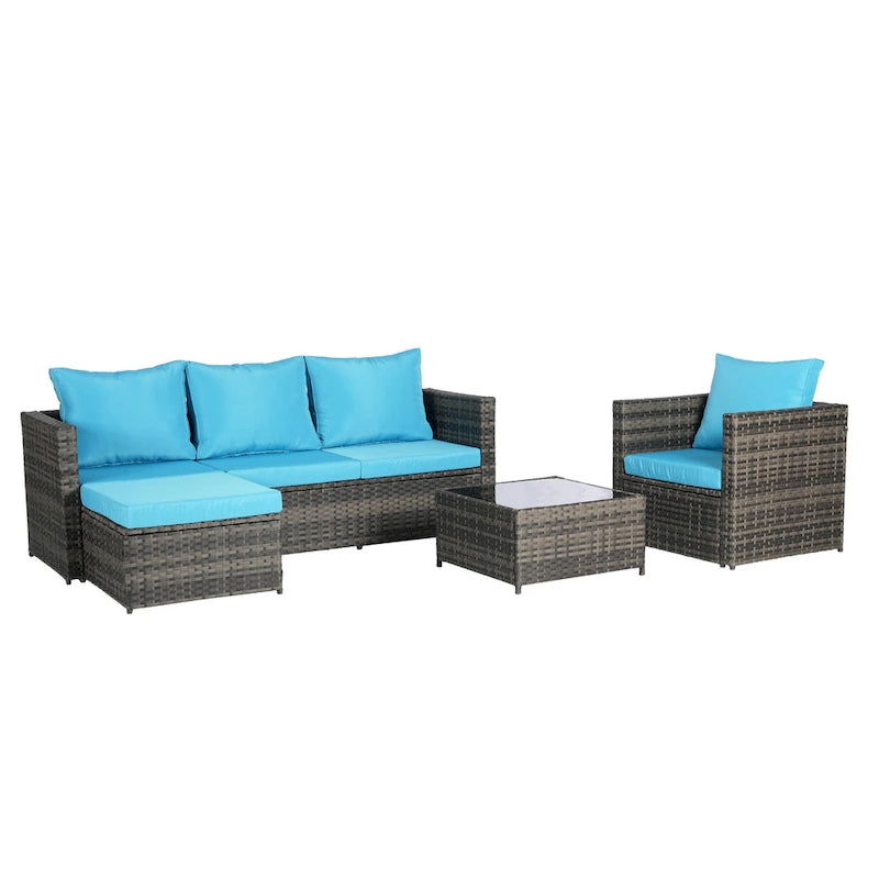 4-Pieces Outdoor Patio L-Shaped Sectional Sofa Set with Single Sofa & Glass Coffee Table