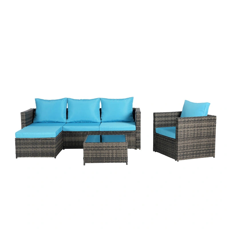 4-Pieces Outdoor Patio L-Shaped Sectional Sofa Set with Single Sofa & Glass Coffee Table