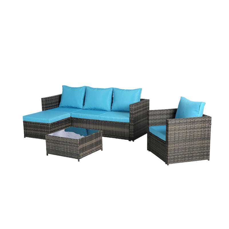 4-Pieces Outdoor Patio L-Shaped Sectional Sofa Set with Single Sofa & Glass Coffee Table