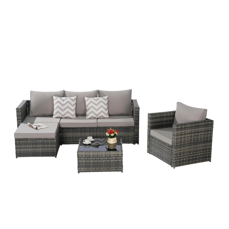 4-Pieces Outdoor Patio L-Shaped Sectional Sofa Set with Single Sofa & Glass Coffee Table