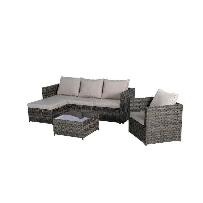 4-Pieces Outdoor Patio L-Shaped Sectional Sofa Set with Single Sofa & Glass Coffee Table