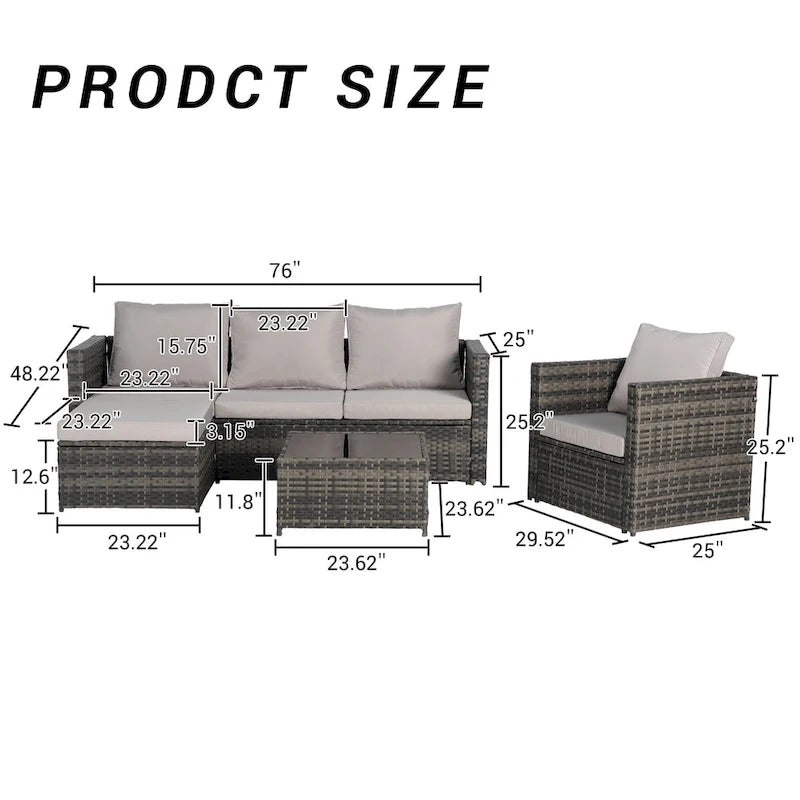 4-Pieces Outdoor Patio L-Shaped Sectional Sofa Set with Single Sofa & Glass Coffee Table
