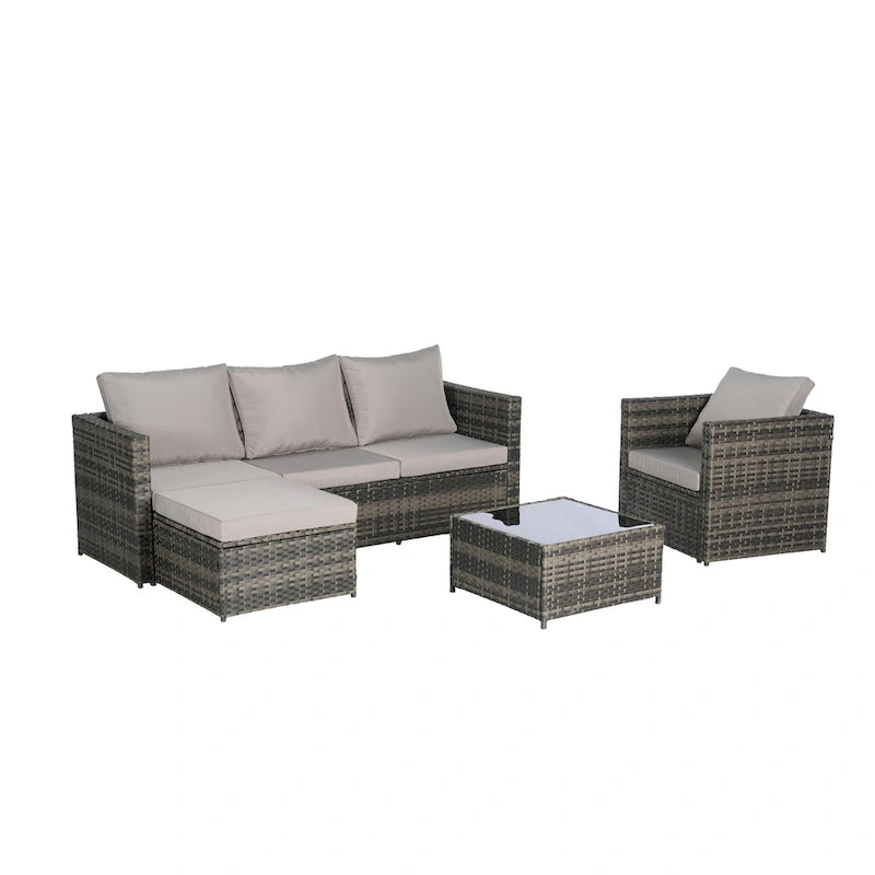 4-Pieces Outdoor Patio L-Shaped Sectional Sofa Set with Single Sofa & Glass Coffee Table