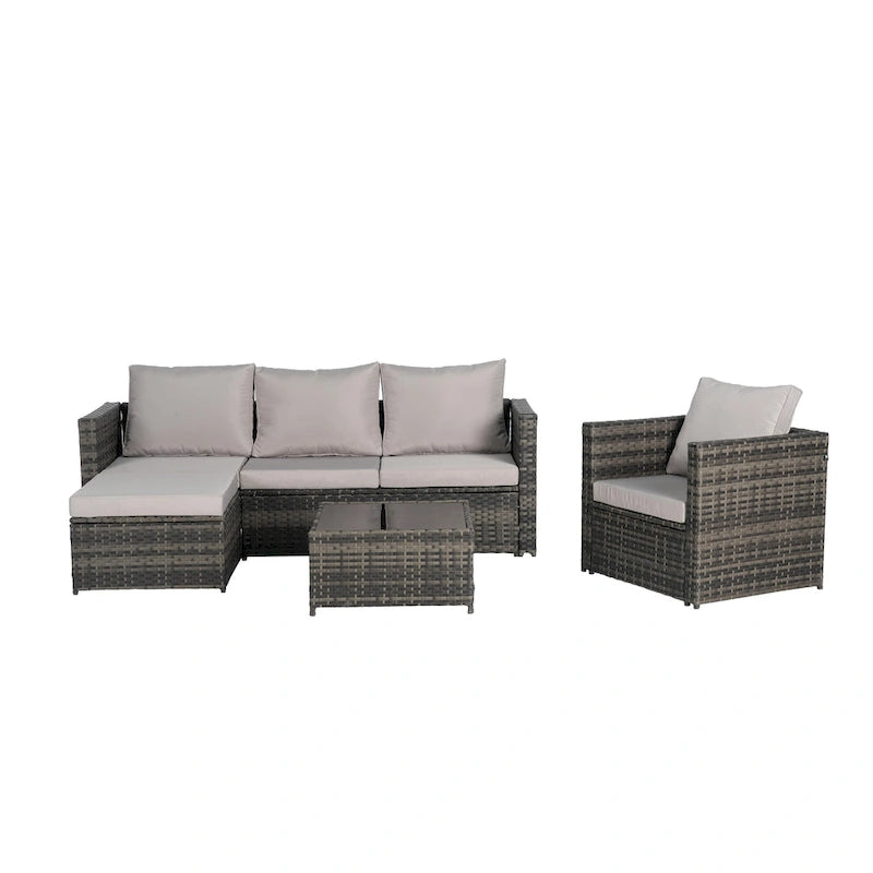 4-Pieces Outdoor Patio L-Shaped Sectional Sofa Set with Single Sofa & Glass Coffee Table