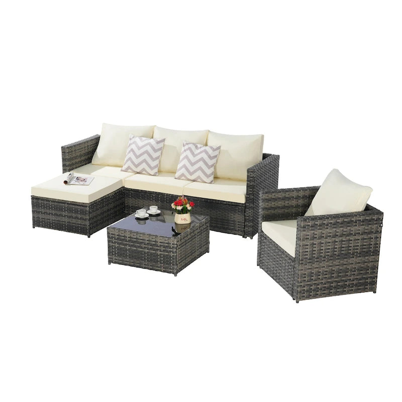 4-Pieces Outdoor Patio L-Shaped Sectional Sofa Set with Single Sofa & Glass Coffee Table