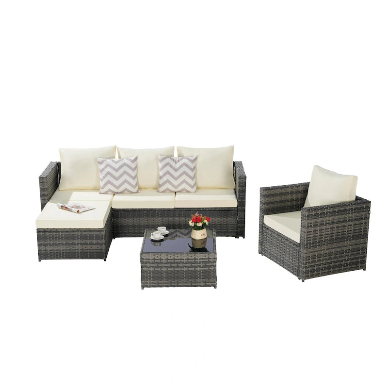 4-Pieces Outdoor Patio L-Shaped Sectional Sofa Set with Single Sofa & Glass Coffee Table