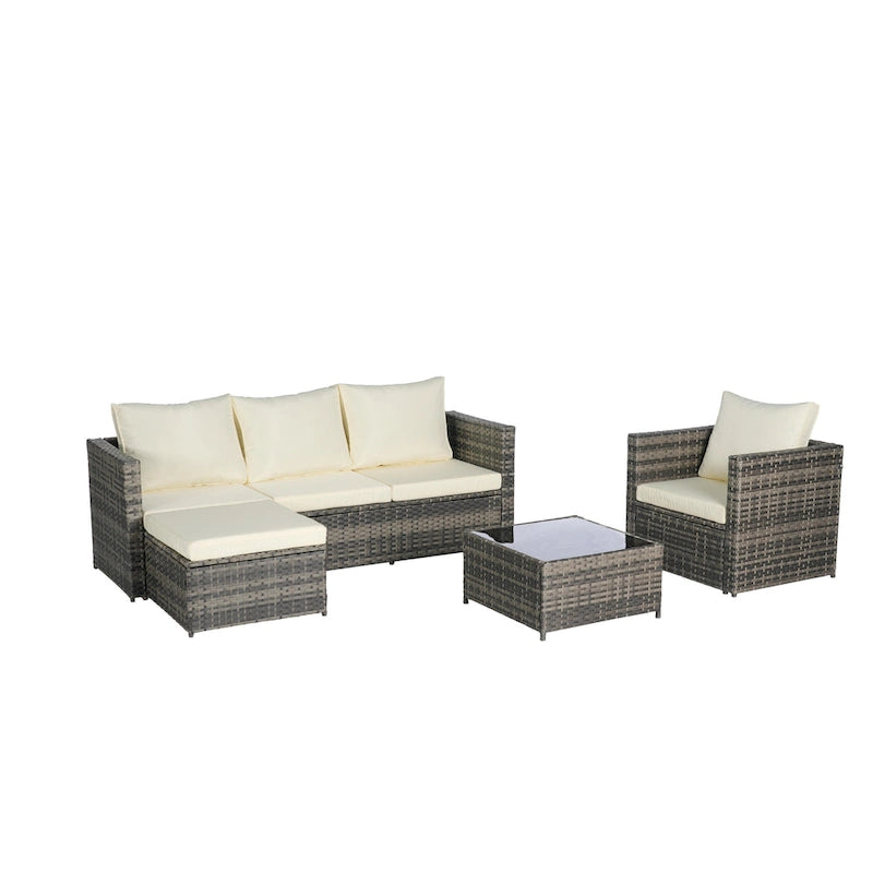 4-Pieces Outdoor Patio L-Shaped Sectional Sofa Set with Single Sofa & Glass Coffee Table