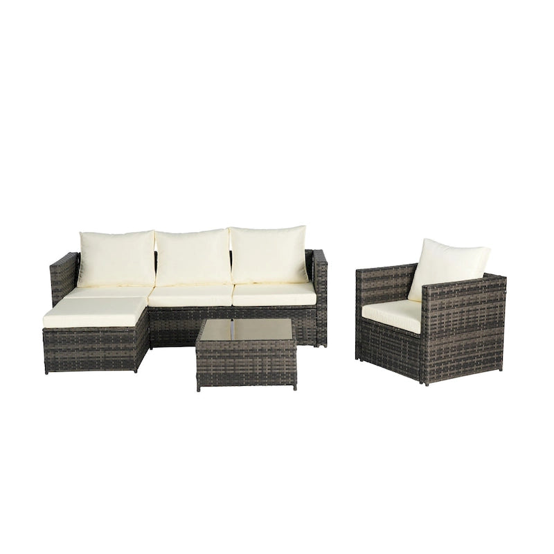 4-Pieces Outdoor Patio L-Shaped Sectional Sofa Set with Single Sofa & Glass Coffee Table