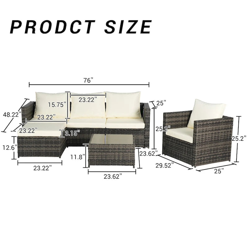 4-Pieces Outdoor Patio L-Shaped Sectional Sofa Set with Single Sofa & Glass Coffee Table