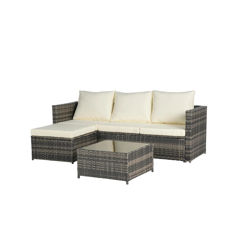 4-Pieces Outdoor Patio L-Shaped Sectional Sofa Set with Single Sofa & Glass Coffee Table