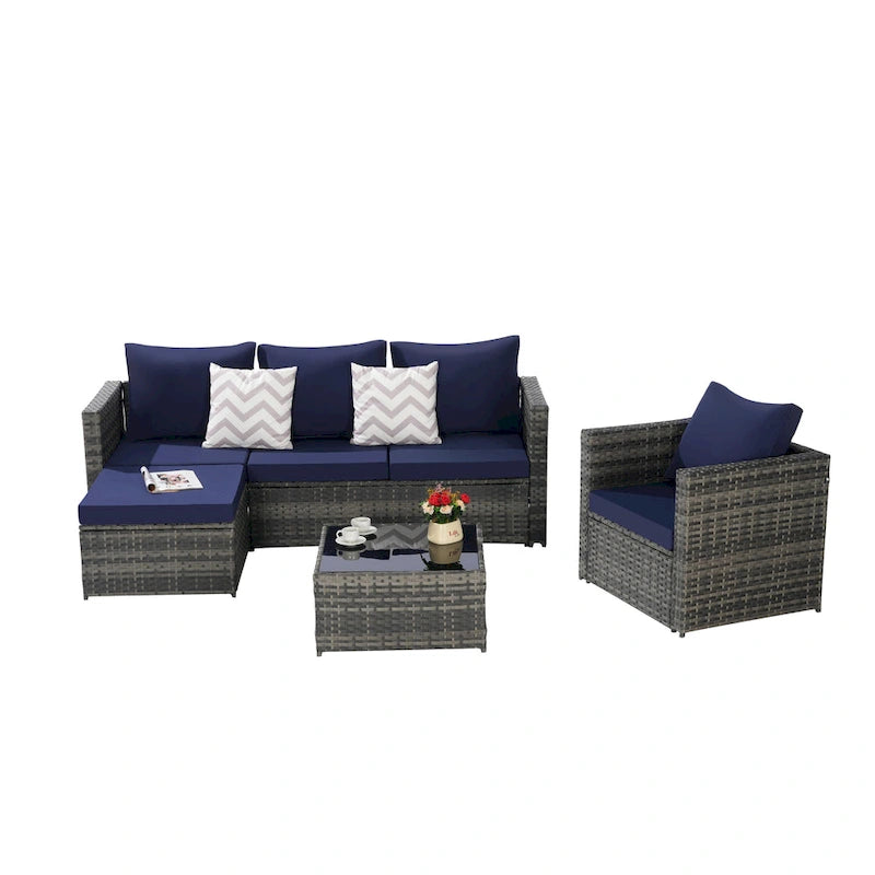 4-Pieces Outdoor Patio L-Shaped Sectional Sofa Set with Single Sofa & Glass Coffee Table