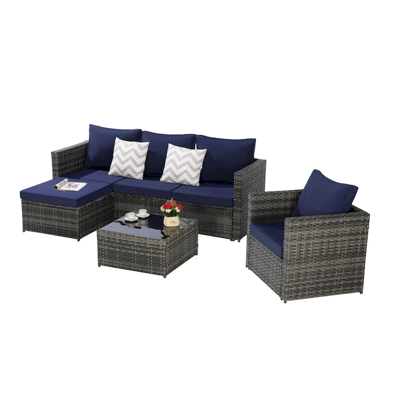 4-Pieces Outdoor Patio L-Shaped Sectional Sofa Set with Single Sofa & Glass Coffee Table