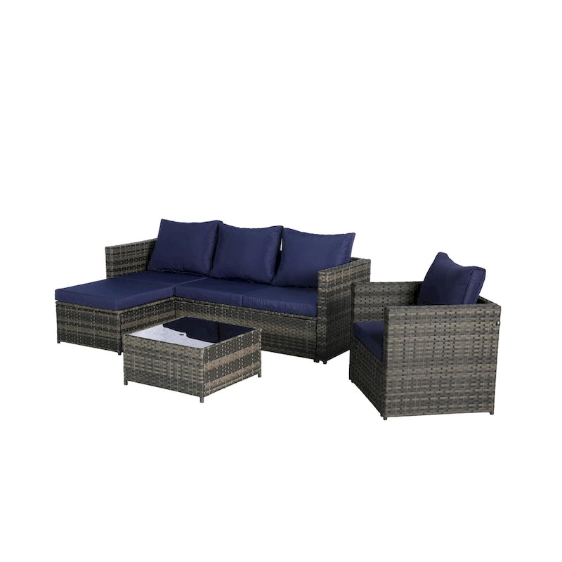 4-Pieces Outdoor Patio L-Shaped Sectional Sofa Set with Single Sofa & Glass Coffee Table