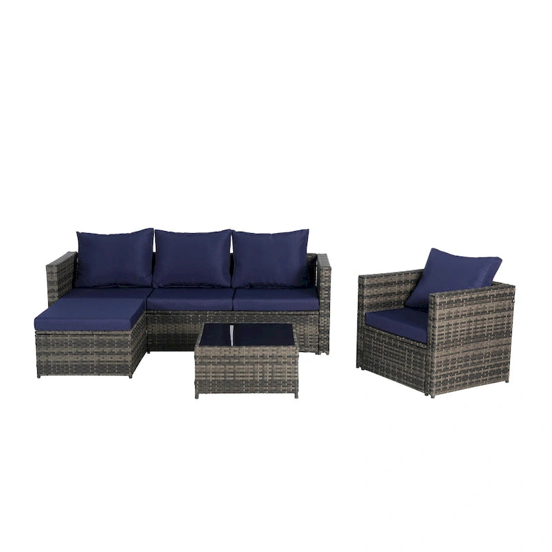 4-Pieces Outdoor Patio L-Shaped Sectional Sofa Set with Single Sofa & Glass Coffee Table
