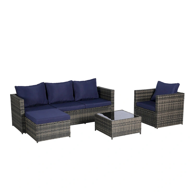 4-Pieces Outdoor Patio L-Shaped Sectional Sofa Set with Single Sofa & Glass Coffee Table