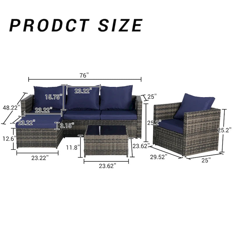 4-Pieces Outdoor Patio L-Shaped Sectional Sofa Set with Single Sofa & Glass Coffee Table