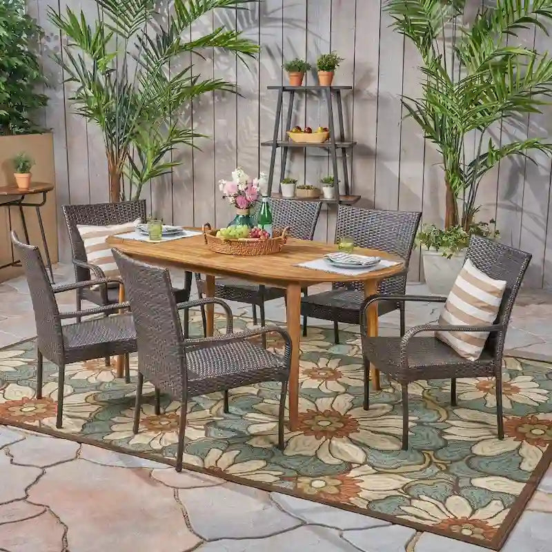 Elderon Outdoor 7 Piece Acacia Wood Dining Set with Stacking Wicker Chairs by Christopher Knight Home